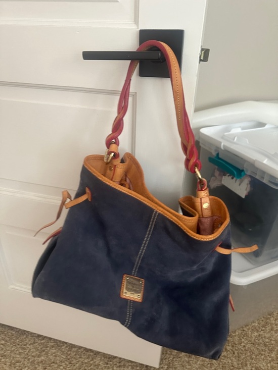 Dooney & Bourke Handbags - Dooney & Bourke Navy Suede Shoulder Tote with Tan Trim and Red Braided Handles